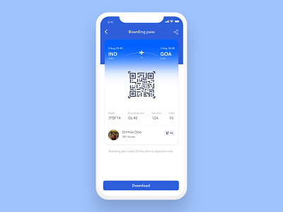 Boarding Pass 024 airline app blue boarding pass branding class clean dailyui departure design download gate ios qr code seat share simple ui ux