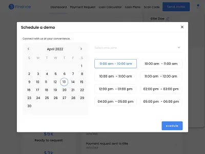 Scheduling a demo Calendar audio blue calendar clean dailyui 038 demo desktop domain finance meet number popup rebounde reservation scheduling an appointment text timeslots timezone ui video