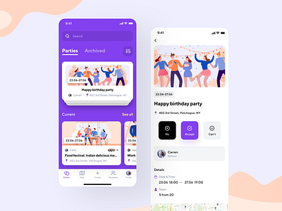 Party & Meetings App Design app calendar concept event festival graphics holidays icons illustraion invite ios meeting mobile party share surf ui ux violet