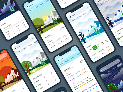 Weather adobe xd app clouds color design forecast illustration interfaces ios mobile navigation rain spring sun ui ux weather winter