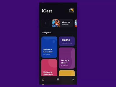 iCast - Dark UI after effect animation app app design black clean dark design icon ios minimal mobile mobile app design podcast principle rotato space ui ux wallet