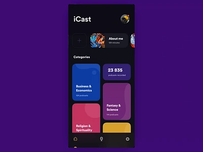 iCast - Dark UI after effect animation app app design black clean dark design icon ios minimal mobile mobile app design podcast principle rotato space ui ux wallet