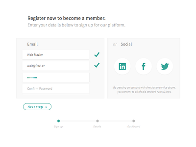 Sign Up Form authentication facebook linkedin log in onboard onboarding register sign up social status steps twitter