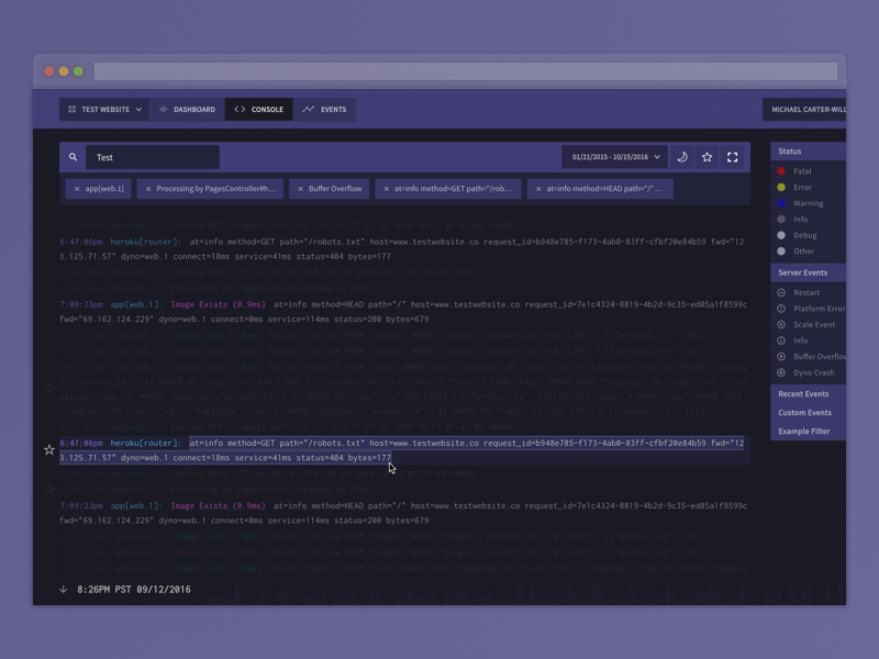 Online Code Log editor syntax syntax highlighting toggle facet search interface dark command line terminal log code