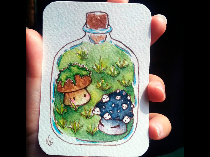 Magical Jar - Green mushroom magical bottle magical jar original character illustration painting watercolor