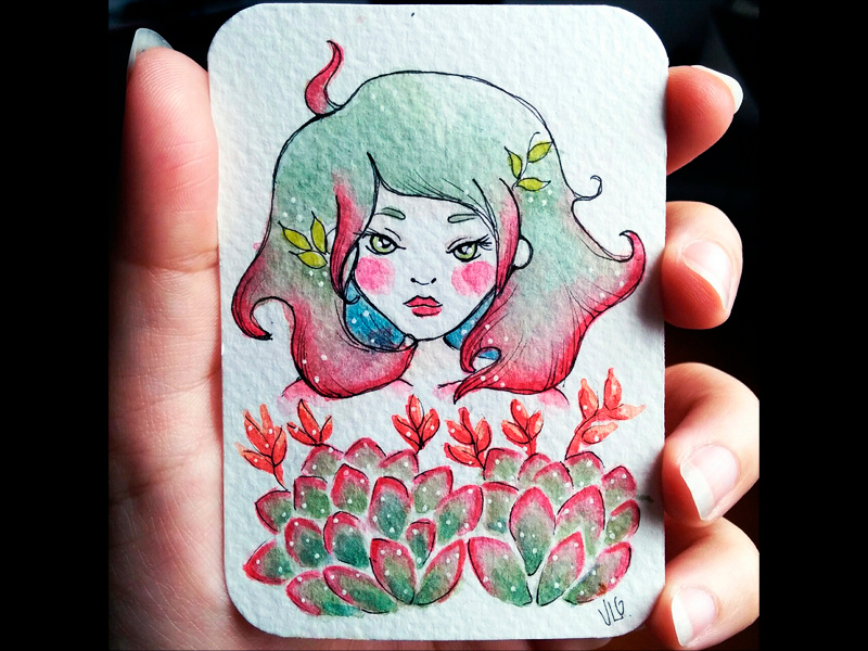Succulent spirit card aceo original character illustration watercolor painting