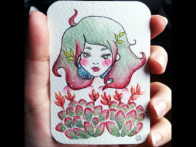 Succulent spirit aceo card illustration original character painting watercolor