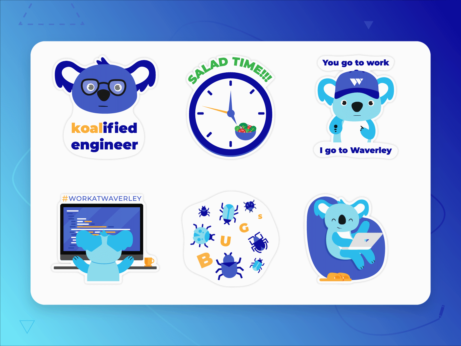 Branded Stiker Pack Animation animation branding bugs design gif gif design illustraion koala stickers svg ui vector waverley work work life