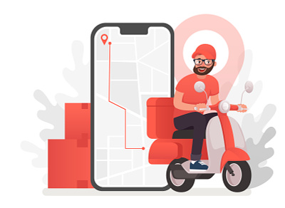 Scooter with delivery man near mobile phone. Fast courier 2d character character design courier creative delivery design illustration mobile app vector