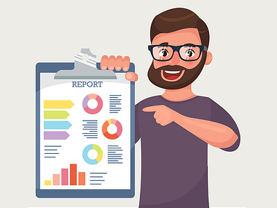 Bearded hipster businessman character with report 2d annual report app beard branding businessman cartoon character comic creative design diagram graph highcharts hipster illustration report ui ux vector web