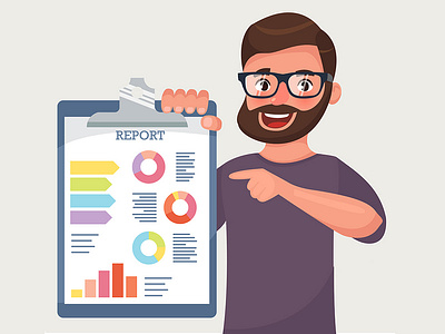 Bearded hipster businessman character with report