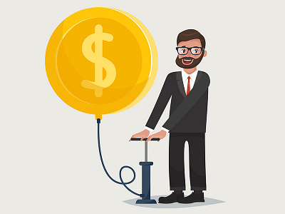 Bearded hipster businessman character with baloon coin