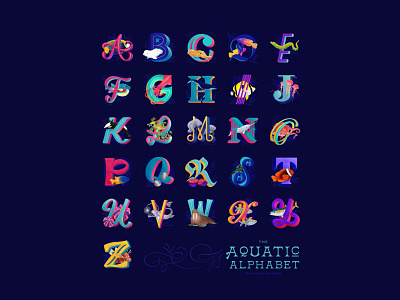Aquatic Alphabet alphabet animal illustration animals design fish hand lettering illustration lettering ocean ocean life sea typography whale whales