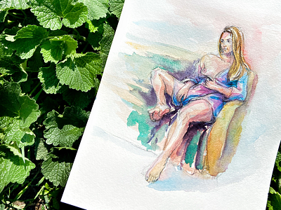 Girl sitting on a couch in a dress artwork beauty colorful figure girl illustration naked nude painting pokutnii portrait watercolor