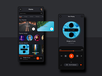 Music Player App | Dark Mode acceabilty app app design black clean dark design divide flat floating button home minimal mobile modern music orange player ui ux