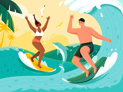Good Times_Summer Surf adventures boy character couple dolphin girl happy illustration lovers ocean palm summertime sunset surfboard travel