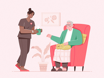 Care In My Home_01 assistance carer cat character design cup elderly home illustration plant sofa woman