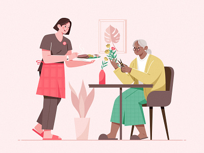 Care In My Home_03 beef carer character design elderly food home illustration look after plant service woman