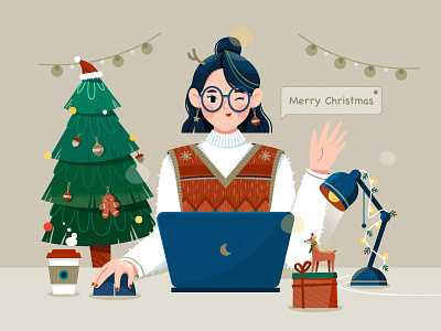 Merry Christmas character christmas christmas hat christmas tree coffee computer desk lamp gift gift box girl happy new year holiday illustration merry christmas office sweater work