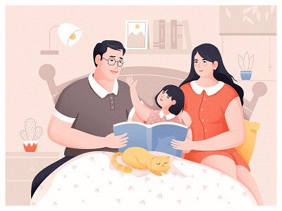 Parent Child Reading Time bedtime bedtime story book cactus children family father happiness happy together in bed man mother parent child potted quilt reading the lamp window woman