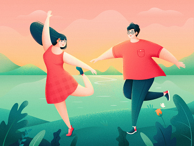 Enjoy The Time Together boy character cloud dance flower girl grass green hair happy illustration light lovers mountain outdoors play relax river run shoes