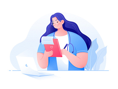The Female Doctor 02 blue character computer doctor echometer fat girl glasses illustration long hair medical treatment paper record ui web woman work write