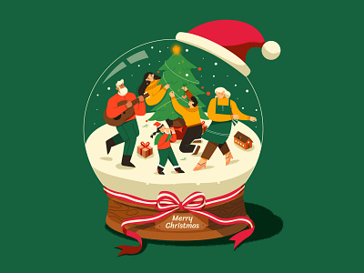 Merry Christmas character christmas trees crystal ball dance family gift happy holiday house illustration joy music reunion snow
