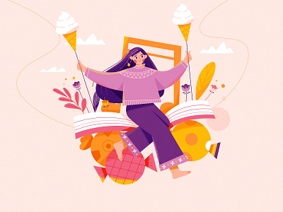 Sweet book candies character design flower girl happy ice cream illustration music nature swing