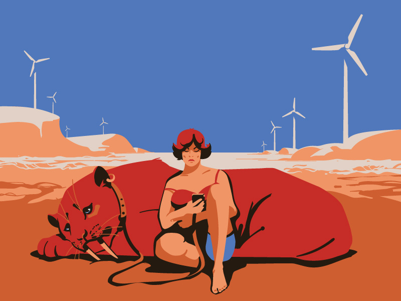Calm reading mood animal phone smartphone iphone drawing illustraion illustrator vector ocean sea coast beach windmill girls cat sabertooth tiger calm