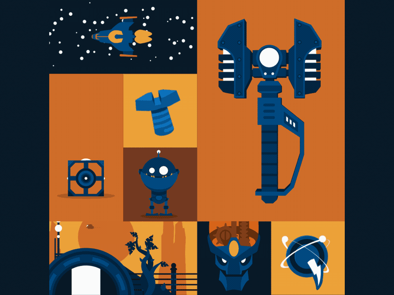 Savin' the Galaxy One Bolt at a Time 2d animation collage flat design gif high contrast icon illustration loop robot scifi simple space vector video game