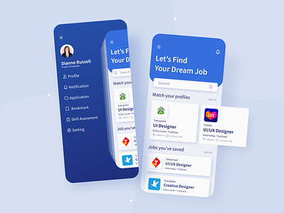 Job App UI Design app auto layout blue design figma flat job job board jobseeker linkedin minimal mobile app tokopedia ui uiux user interface user interface design