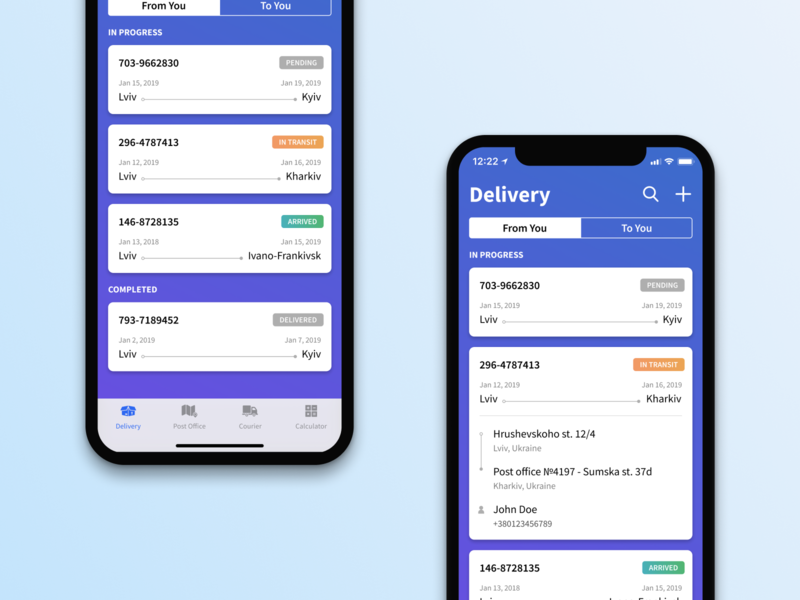 Shipments list app clean delivery app delivery service delivery status design figma gradient input ios iphone x minimal mobile muzli transportation ui ux