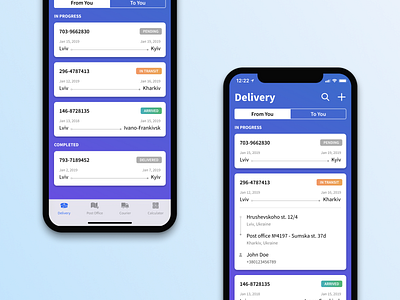 Shipments list app clean delivery app delivery service delivery status design figma gradient input ios iphone x minimal mobile muzli transportation ui ux