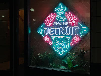 WeWork Detroit Neon Sign detroit illustration linework neon signage tiger