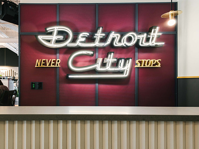 Detroit City Never Stops Neon detroit lettering neon typography vintage wework