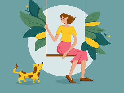 Lady with a dog background design dog girl green illustration pink style yellow