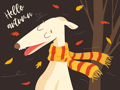 Hello autumn autumn dog dribbble fall greyhound illustration october orange red scarf yellow