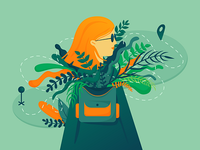 Traveler backpack girl graphic green illustration leaves orange