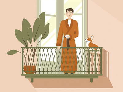 Good morning balcony bathrobe boy corgi dribbble illustration morning