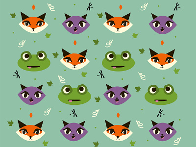 Kitty Fox And Frog Pattern design dragonfly fox frog graphic design icon illustration design kitty pattern art pattern design spring vector