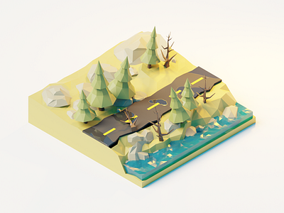 Polygon Runway: 3D Scene - Episode 2, Forest Road 3d blender illustration isometric low poly render