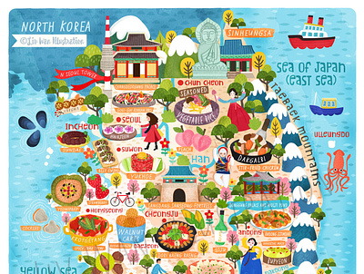 South Korea Map Illustration childrens book design flat food food and drink foodie icon illustration map south korea sticker vector