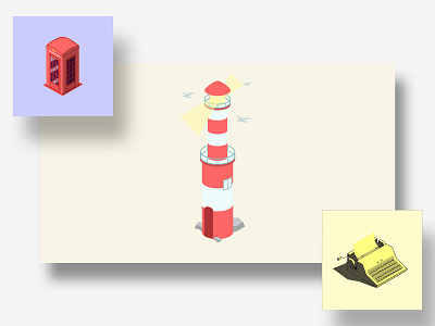 "What's in my Archive?" design illustration isometric lighthouse patreon phonebox poster typewriter vector wallpaper