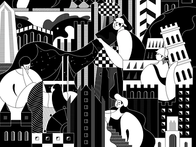 Black and white and me building character city design girl illustration line man scenery ui women work