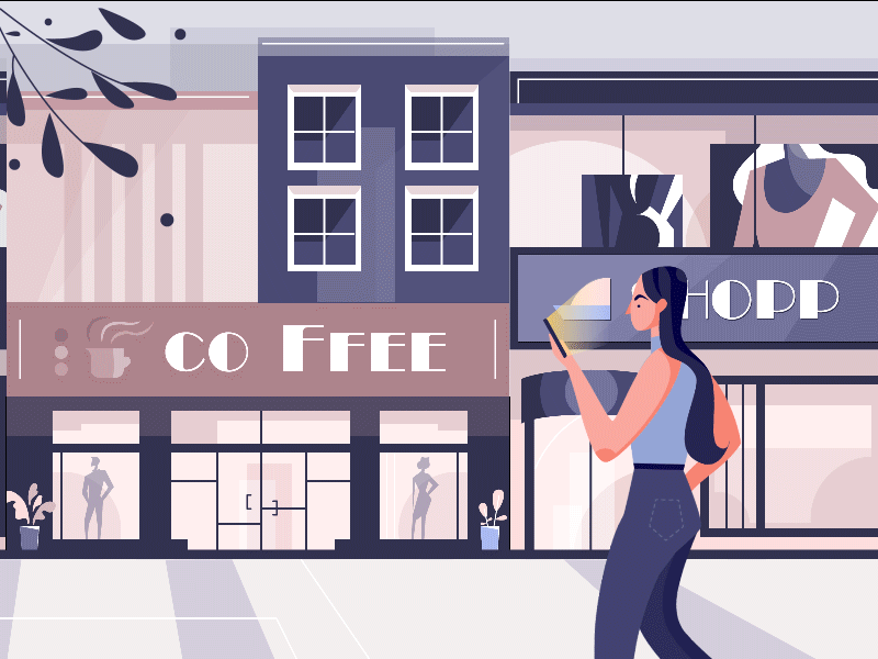 walking building cartoon design gif girl illustration phone road shop street women