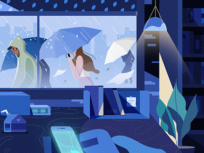 Raining day book cartoon illustration man phone raining umbrella women work