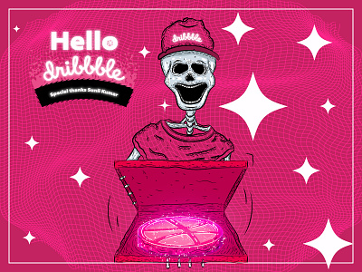 Hello Dribbble bone bones box cake color concept design flat grid hello dribble illustration pizza purple retro russia skeleton skull star tooth vector