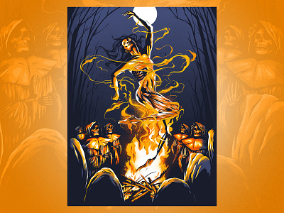 At Long Last anatomy bones brush face figure fire flames illustration ink occult poster print ritual skulls woman