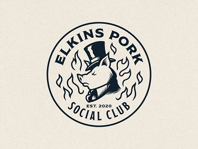 Elkins Pork Social Club bbq branding club crest design fancy fire flames illustration logo luxury pennsylvania philadelphia pig social stamp top hat vector