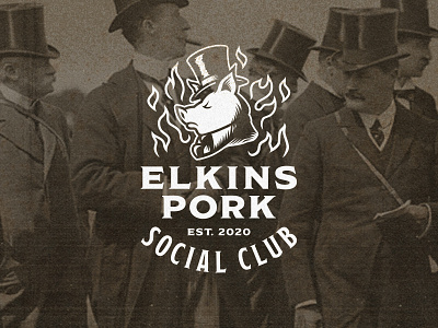 Elkins Pork Social Club 3 banner bbq branding butcher classic club design fancy fork logo luxury old timey pennsylvania philadelphia pig pork retro social top hat